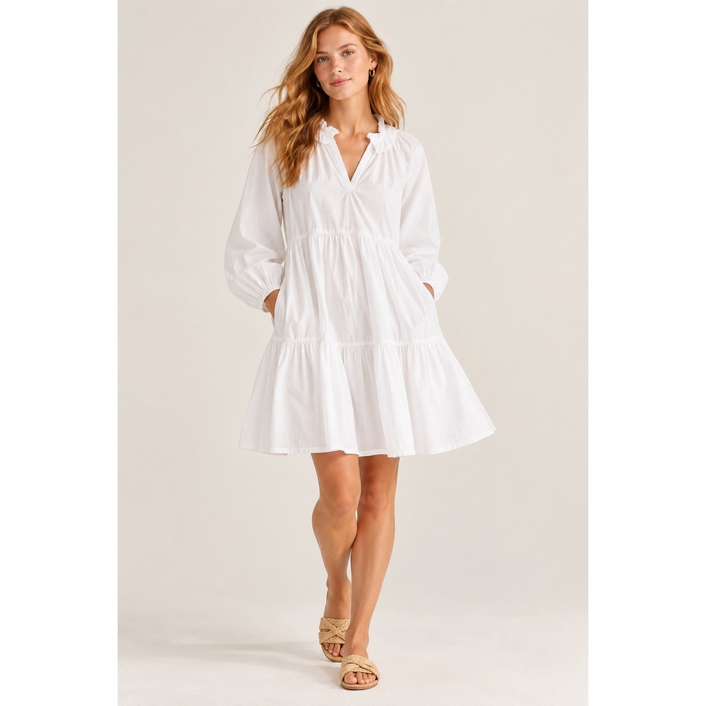J.Crew White Cotton Poplin Tiered Mini Dress Ruffle V-Neck Long Sleeve Size L